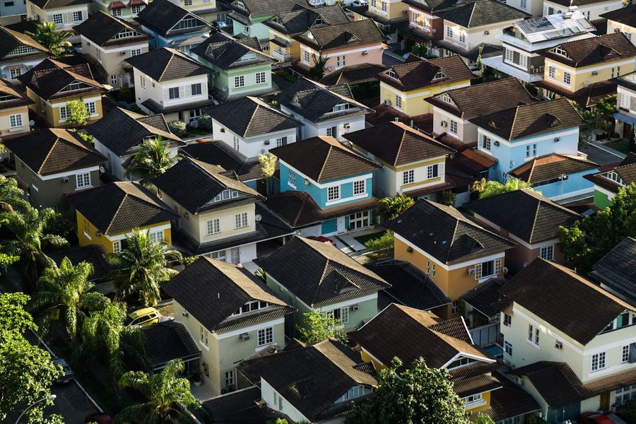 Aerial view of a neighborhood of homes and rental units